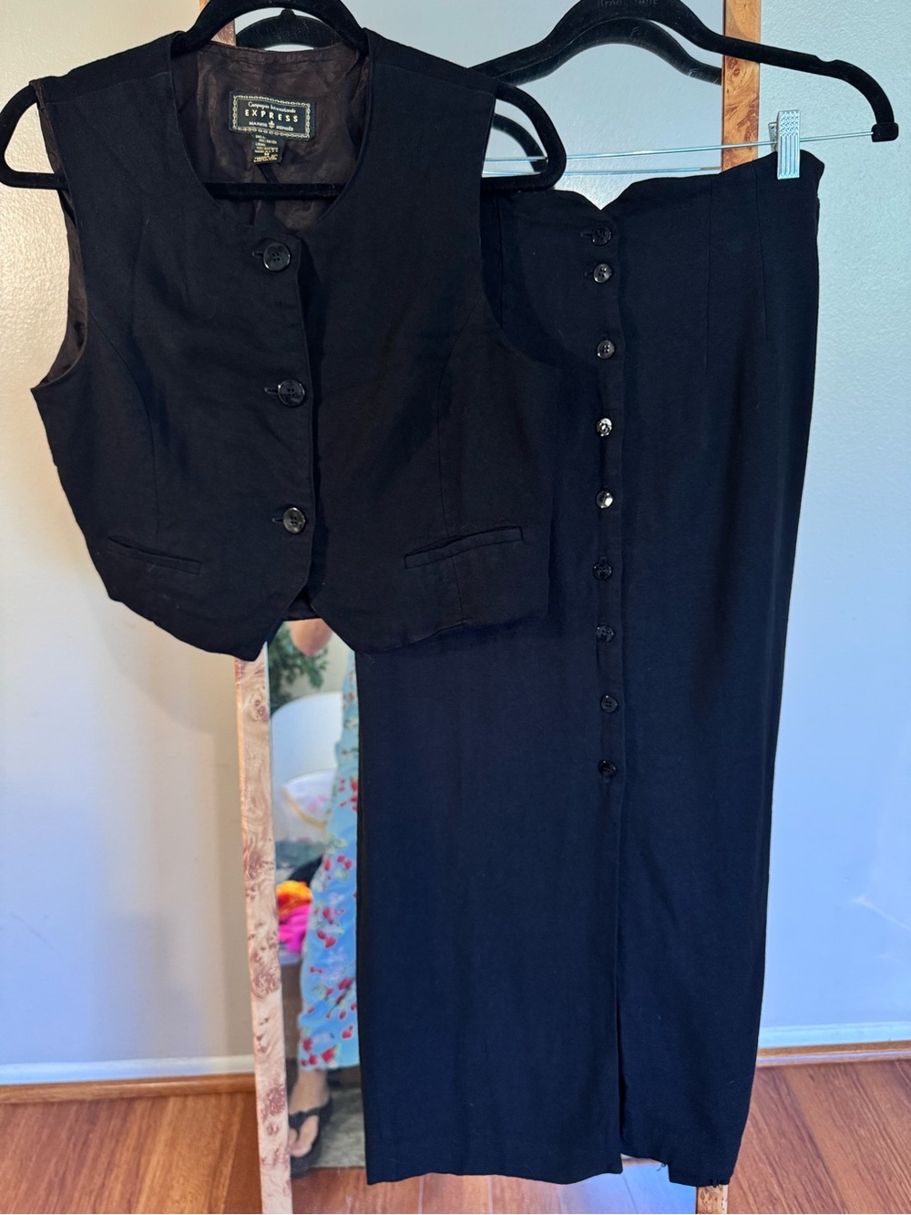 Vintage 90s Express Black Vest & Maxi Skirt Set Made in USA 9/10